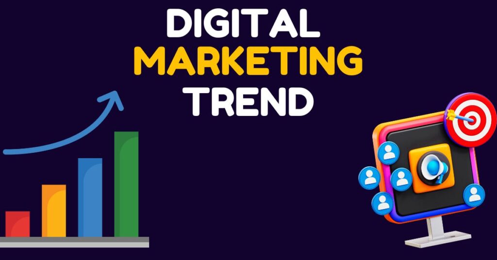 Digital marketing trends infographic showing growth chart and social media strategy icons